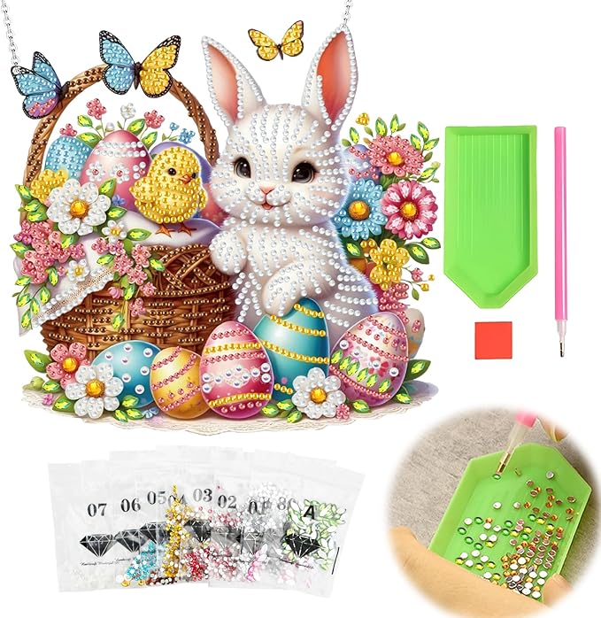 Ksheria Easter Diamond Art Hanging Kits for Adults, DIY Special Shape Crystal Diamond Painting Decor, Acrylic 5D Bunny Window Pendent, Gem Art Hanging Kits for Beginners Gift Wall Door, 9x7.5 Inch