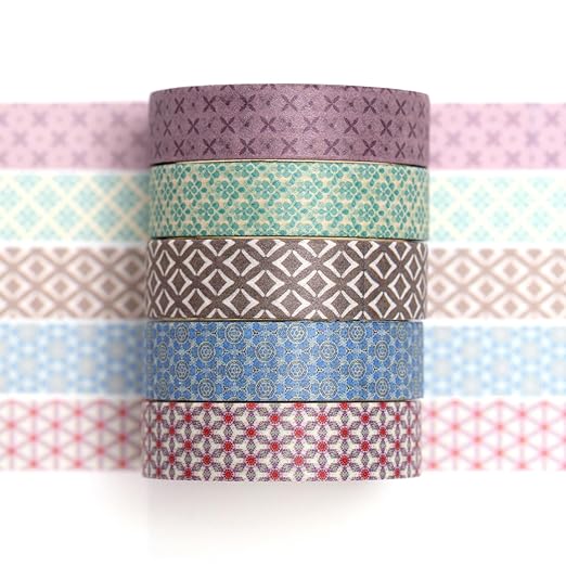 Fantasy Washi Tape Set - 5 Rolls Texture Arts Adhesive Tapes Basic Patterns Decorative Masking Tape Sets for Craft, Kids, Scrapbook, DIY, Gift Wrapping (11-Geometric Harmony)