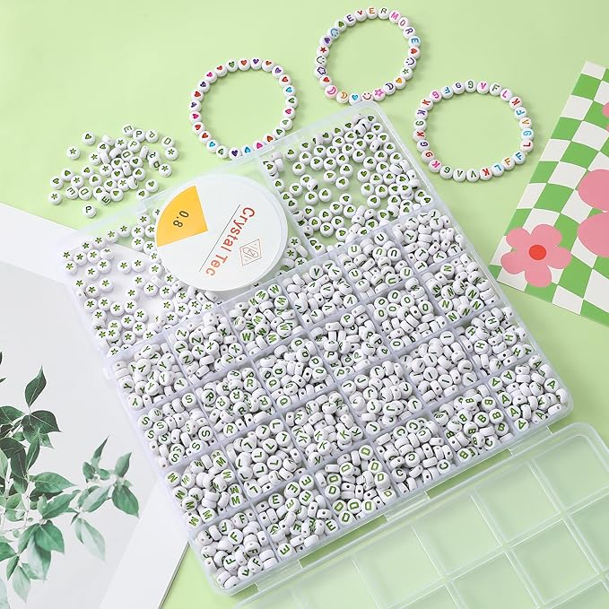 nikkiGuo 1250pcs 4x7mm White Round Acrylic Alphabet Beads A-Z Heart Beads with Numbers Crystal Line for Jewelry Bracelet, Necklace and Key Chains (Green White Color)