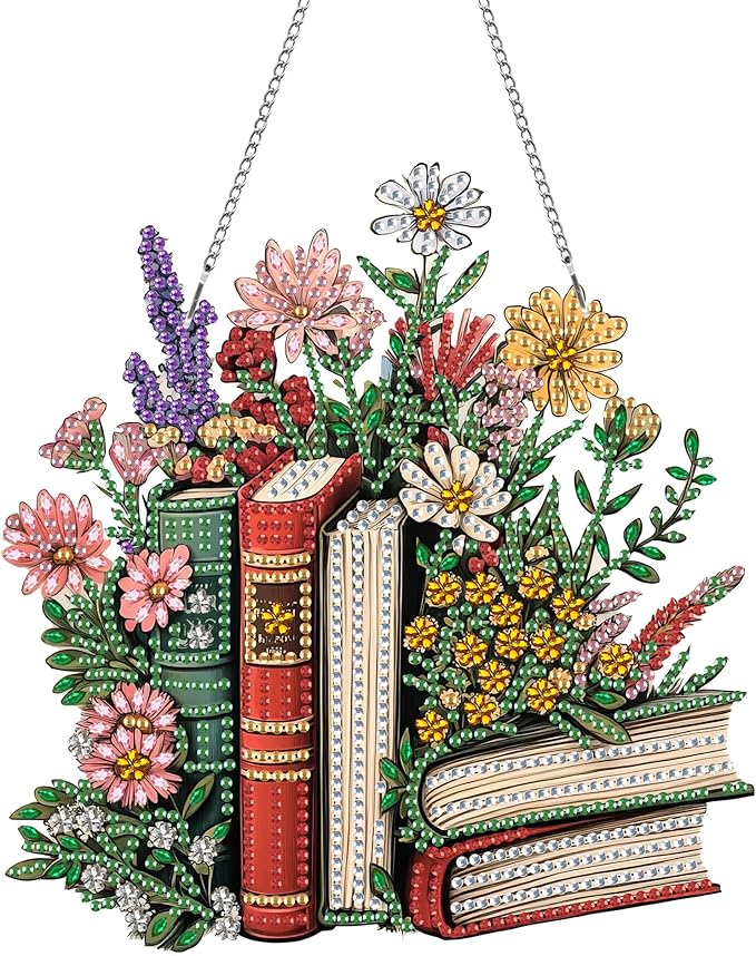Kaliosy Sun Catcher Flowers Window Hanging - Outdoor Porch Decor, Books-Themed Diamond Art Ornament, Acrylic Board Diamond Painting for Wall Home Garden, Front Door Sign, Indoor Decor 8x8 inch