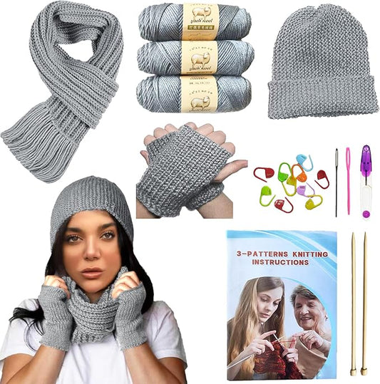 kaaper knitting kit for beginners adults, crochet kit for beginners knitting starter kit, learn to knit starter bundle for scarves, hats & gloves includes wool yarn, needles & accessories (gray)