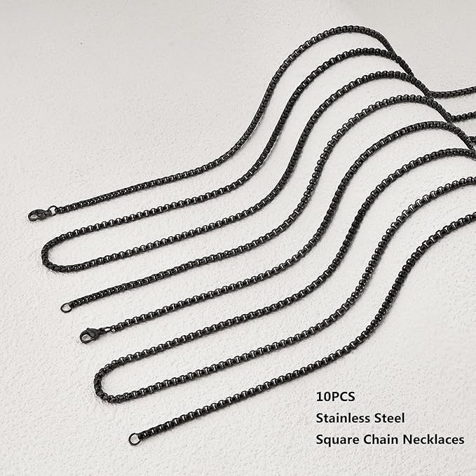youbeiyee 10 pack black necklace chain bulk for jewelry making stainless steel square rolo necklaces set for women and men (20inch)