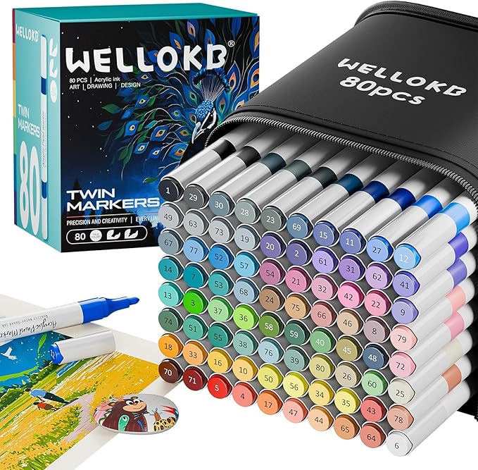 80 Colors Dual Acrylic Paint Markers, Fabric Markers, Brush Permanent Paint Pens for Wood, Glass, Rocks, Paper, Coloring Book, Ceramic, DIY Crafts, Art School Supplies