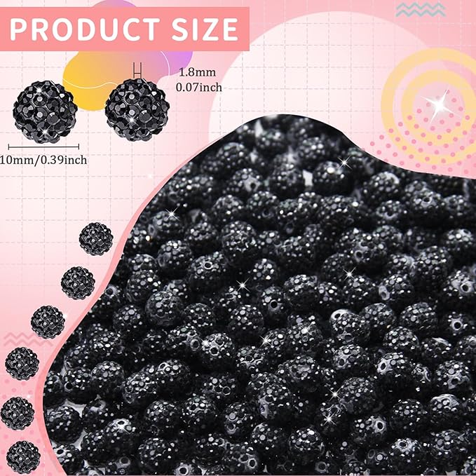 200 Pcs 10mm Rhinestone Beads for Jewelry Making, Black Shiny Round Shamballa Disco Baseball Necklace Beads Sparkle Crystal Clay Pave Rhinestones Bead for DIY Bracelet Earring Craft Making Supplies