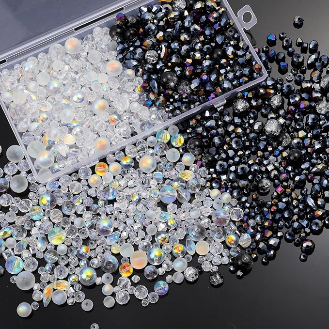 1000pcs Glass Beads for Jewelry Making Colorful Rainbow Craft Crystal Beads with Loose Beads Sparkly Beads for DIY Necklace Bracelet Earring(Black, Gold)
