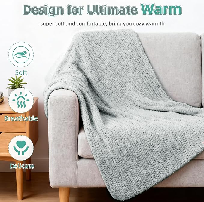 Aeelike Blanket Crochet Kit for Beginners, Easy Crochet Blanket Kit with Soft Chenille Yarns Detailed Instruction Crocheting Accessories Complete Beginners Crocheting Kits, Cyan-Gray