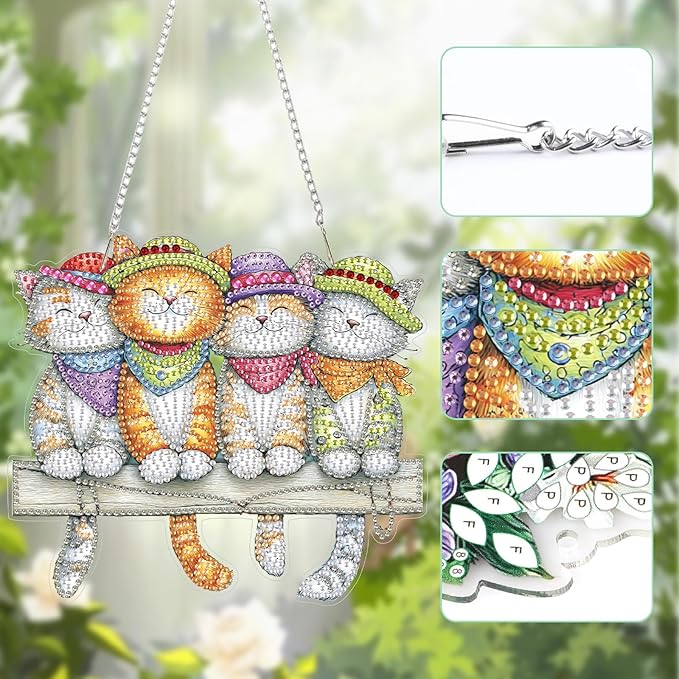 Lxmsja DIY Cute Cats Bench Diamond Painting Hanging Ornament, Double-Sided Acrylic Colorful Bandanas Diamond Art Kit, Special Shaped Suncatcher Hanging Pendant Window Art Kit