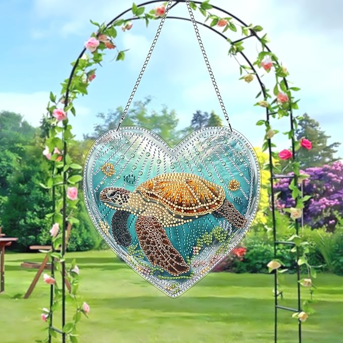 LOMSIOY Diamond Art Hanging Kit for Adult, Turtle Front Door Sign Window Decor for Outdoor, Animal Double Sided Summer Decor Suncatcers for Porch, Hanging Pendants for Garden Wall （8x8 Inch