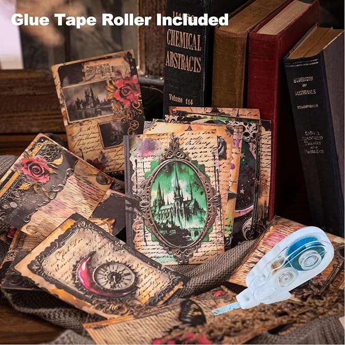180Pcs Gothic Scrapbook Paper, Vintage Ephemera Pack for Journaling, Junk Journal, and Scrapbooking Supplies with Glue Tape