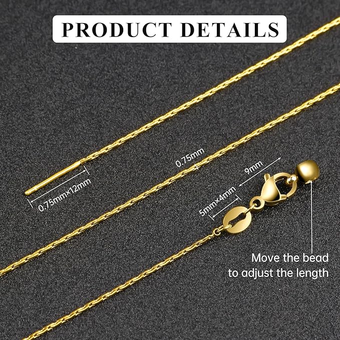 GTVOODX 10pcs Gold Plated Adjustable Thin Necklace Chains Bulk for Jewelry Making Stainless Steel 0.75mm Rectangle Cable Chains with Adjust Clasp for Women