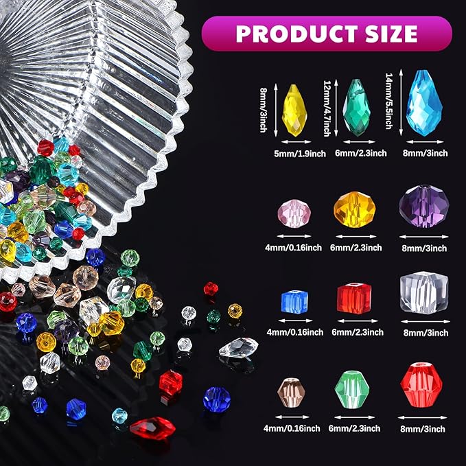 Kigeli 1280 Pcs Glass Beads Bulk Assorted Crystal Beads for Jewelry Making Faceted Teardrop Rondelle Briolette for DIY Crafts Necklace Wristband Earring Kit(Classic,Colorful)