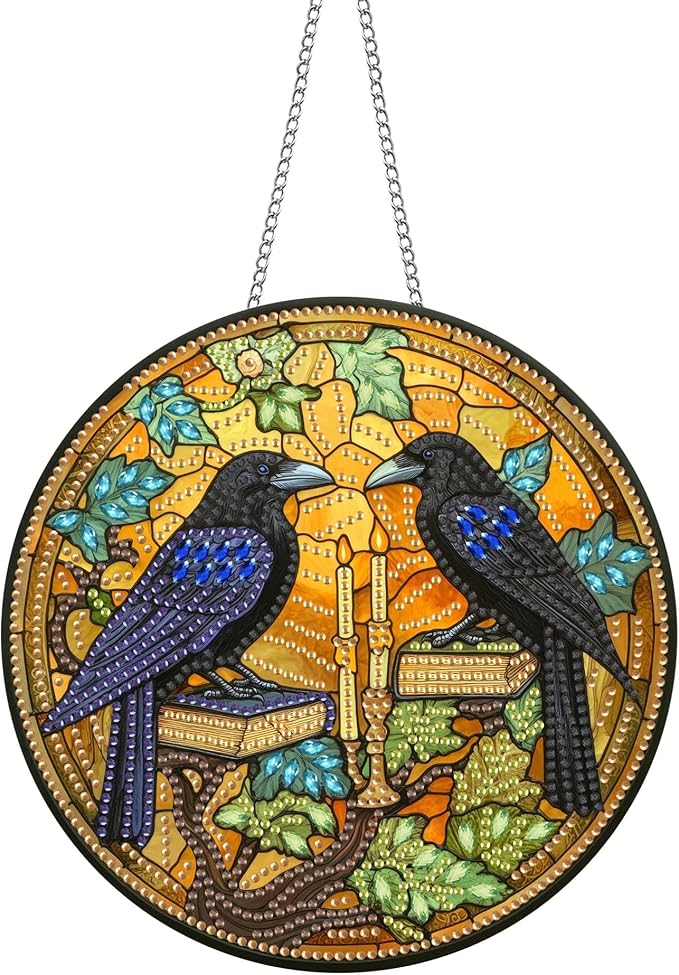 Pavemlo Hanging Diamond Art Kits for Adults Halloween Crow – 8x8 Inch Double-Sided Acrylic Board DIY Crystal Diamond Suncatcher Pendant, Sparkling Home Wall or Window Decoration Handmade Gift