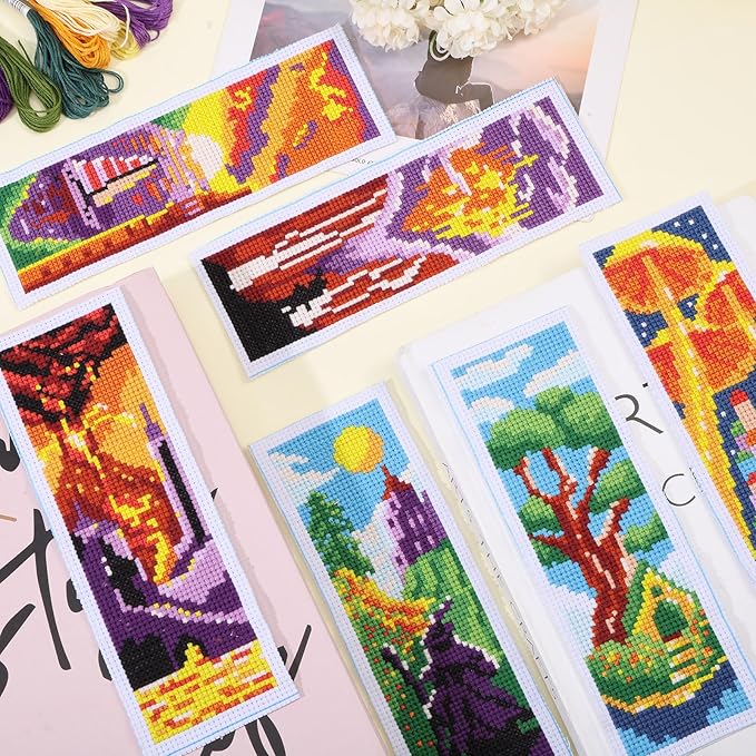 ORIGACH 6 Pcs Cross Stitch Bookmark Kit for Beginner Landscape Castle Stamped Embroidery Stitch Kits for Starter DIY Bookmarks Printed Cross Stitch Kits with 19 Colors Embroidery Floss