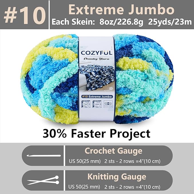 Chunky Yarn for Hand Knitting - #10 Chunky Chenille Blanket Yarn, Jumbo Big Thick Chunky Yarns for Crocheting, Tie Dye Bulky Knit Yarns, 8 Skein (25 yds 8 oz Each Skein), Multi Blue & Yellow
