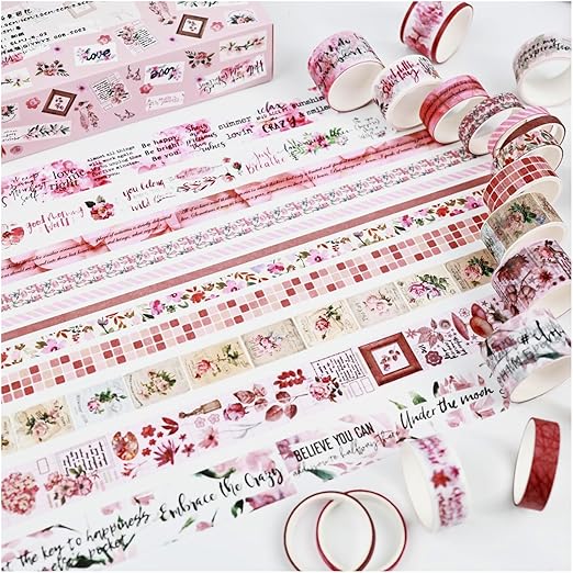 Washi Tape Set, 20 Rolls, Floral Washi Tape for Journaling, Decorative Tape for Scrapbooking, Junk Journal Supplies, Bullet Journaling, 5 Assorted Widths