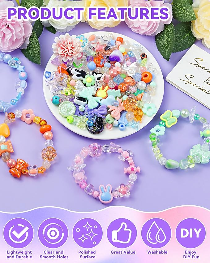 450PCS FIVEIZERO Assorted Acrylic Beads for Bracelet Making, Flower Star Heart Butterfly Candy Gummy Bear Kawaii Aesthetic Cute Beads for Jewelry Making, Keychains, Necklace, Phone Charms, DIY Crafts