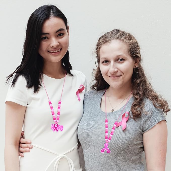 RZJSLSHANHAI 24 Sets Mother's Day Beaded Necklace Making Kit Pink Ribbon Beads Necklace DIY Crafts with Pink Ribbon Pendants Rope for Girl's Gift