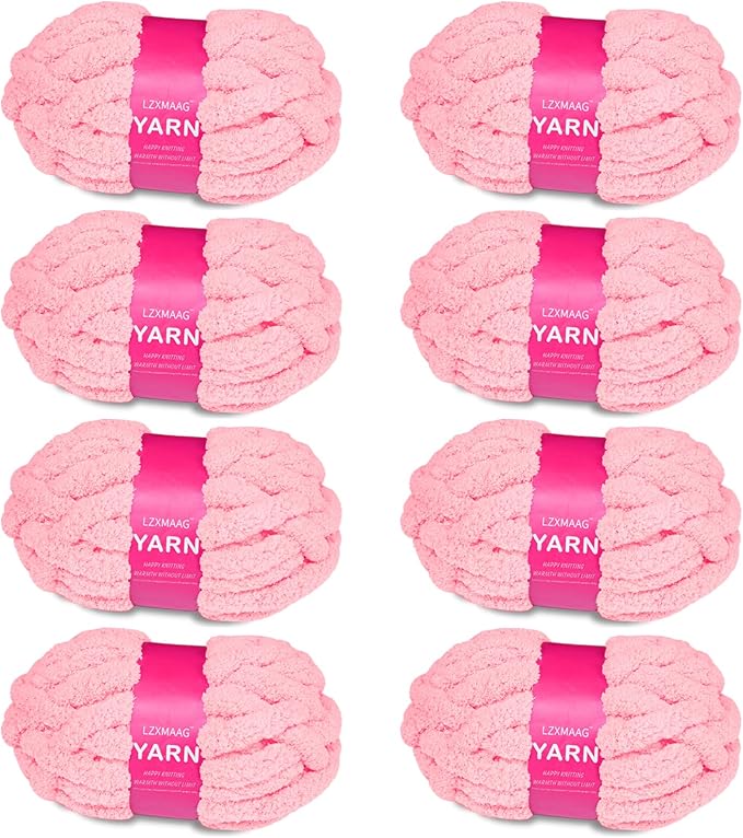 Chunky Yarn for Hand Knitting and Blankets – Super Soft Jumbo Chenille Yarn Pack for Crocheting, Bulky DIY Projects, 8 Skeins(Pink)