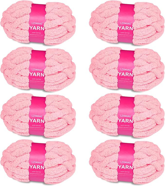 Chunky Yarn for Hand Knitting and Blankets – Super Soft Jumbo Chenille Yarn Pack for Crocheting, Bulky DIY Projects, 8 Skeins(Pink)