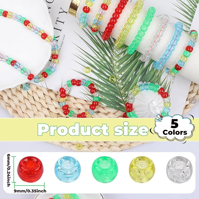Glitter Pony Beads 1000 Pcs for Friendship Bracelets, Hair Braiding, Necklace, Earrings - 6x9mm Large Hole Plastic Transparent Glittering Beads for Jewelry Making