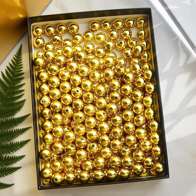 Laopottbeads 230 Pcs Gold 12MM Beads for Jewelry Making Round Beads DIY Kit for Bracelets, Earrings, Necklaces & Anklets