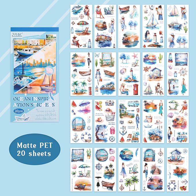 Beach Theme Journal Stickers, RISYPISY 187PCS Matte PET | Pre-Cut Sticker Book for Junk Journal, Planner, Scrapbooking | Adult DIY Craft Supplies