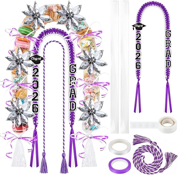 YLOLUL 16 Pcs Graduation Leis 2026 Graduation Candy Lei Kit with Honor Cord Class of 2026 Graduation Ribbon Double Lei Necklace Graduation Gift Party Accessories for Women Men