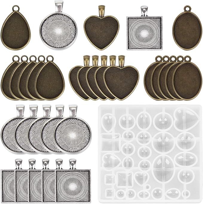 HOMEIDOL Resin Jewelry Molds Pendant Trays Making Kit with 30pcs 5 Styles Metal Pendants and 1pc Silicone Epoxy Casting Mold for Pendant Crafting DIY Gifts