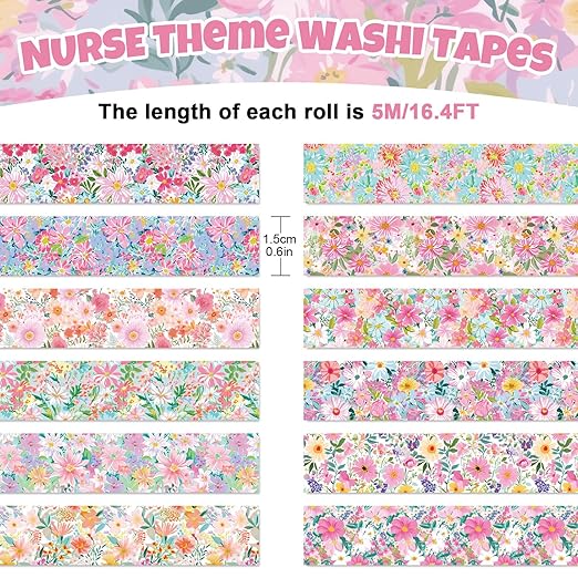 12 Rolls Floral Washi Tapes Watercolor Flower Decorative Masking Tape Set Colorful Spring Wrapping Paper Tape for Scrapbook Journal DIY Art Crafts