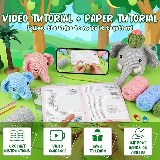 WONVOC Crochet Starter Kit, Beginner Crochet Kit for Adults, Step-by-Step Instructions, Video Tutorial, Knitting Supplies, for Creating Cute Elephant Family