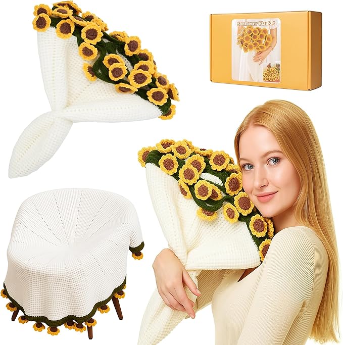 Yarniss Finished Crochet Sunflower Bouquet Blanket,49 Inch Round Sunflower Floral Knitted Gift,Hand Crocheting Blanket(52pcs Petals)