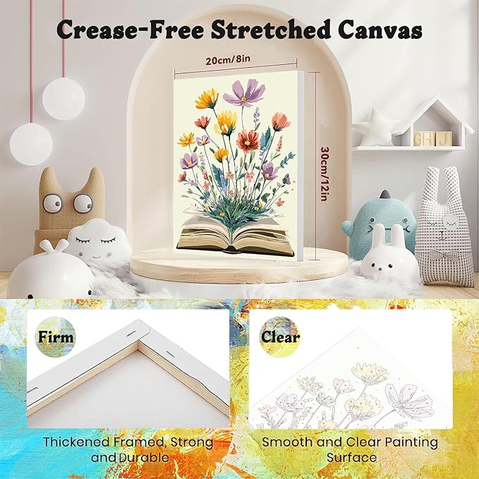4 Pack Paint by Numbers for Adults with Framed Canvas - with Wooden Easel, Book Paint by Number for Beginners, Flowers Acrylic Oil Painting on Canvas with Brushes for Home Wall Decor (8x12 inch)