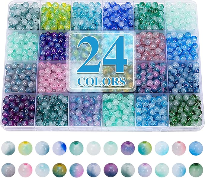 XSEINO About 1200+ pcs 6mm Glass Beads Bracelet Making Kit, 24 Assorted Blue Bi-Color Fusion Series Crystal Beads for Jewelry Making, DIY Crafts, Friendship Bracelets