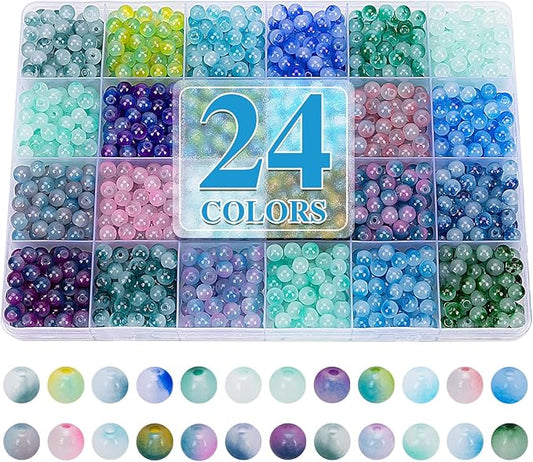 XSEINO About 1200+ pcs 6mm Glass Beads Bracelet Making Kit, 24 Assorted Blue Bi-Color Fusion Series Crystal Beads for Jewelry Making, DIY Crafts, Friendship Bracelets