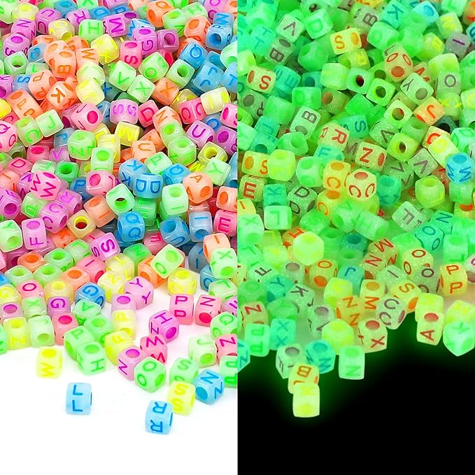Augshy 1400pcs Glow in The Dark Square Acrylic Alphabet Beads Bracelet A-Z Cube Letters Beads for Bracelets Necklaces Phone Lanyard Making with 1 Roll Crystal String Cord for Jewelry Making(6 mm)