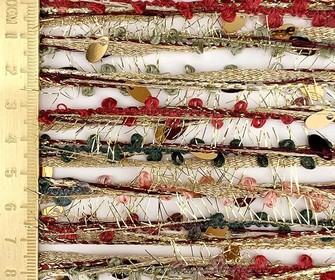 Artisanal Yarn Collection Multifiber Fancy Yarn with Sequins & Shimmering Threads for Knitting Crocheting Crafts DIY, Set of 3 Rolls (Christmas Red & Gold)