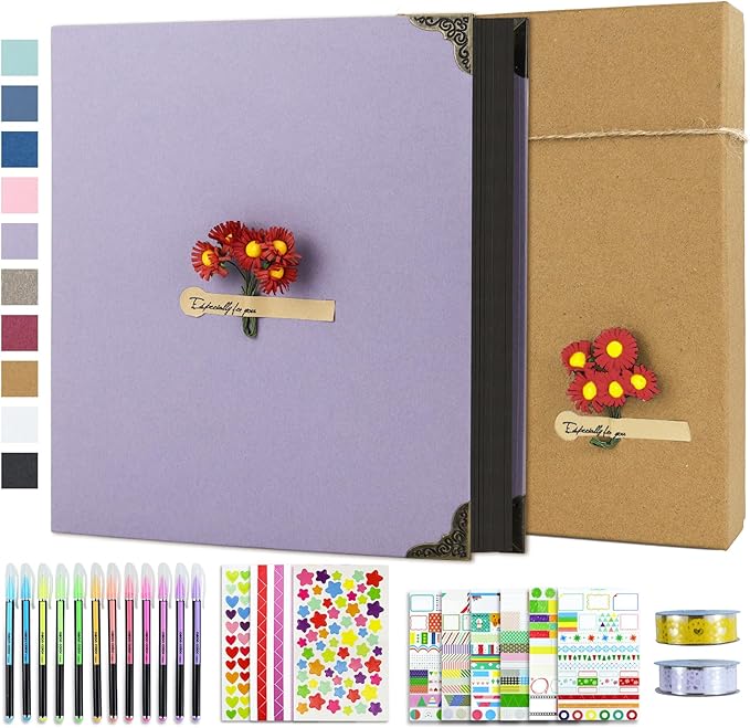 Vienrose DIY Scrapbook Photo Album Kit with Pens Tapes and Stickers 60 Pages Hardcover 12x12 Inches 3 Rings Removable Black Paper Scrapbooking for Lover Friends Kids Wedding Purple