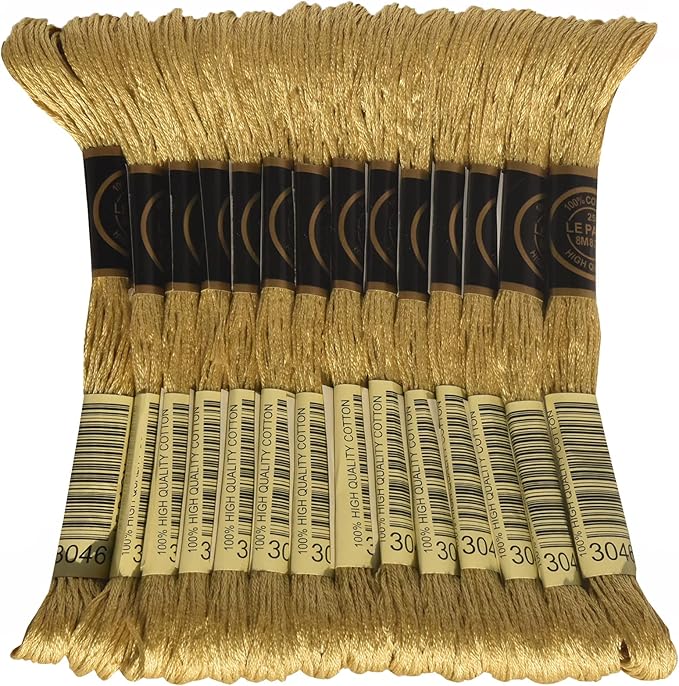 LE PAON Embroidery Floss, 14-Pack Six Strands 100% Long Staple Cotton Embroidery Thread, 8.7-Yard，Color Number：3046, Medium Yellow Beige