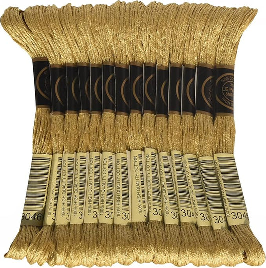 LE PAON Embroidery Floss, 14-Pack Six Strands 100% Long Staple Cotton Embroidery Thread, 8.7-Yard，Color Number：3046, Medium Yellow Beige