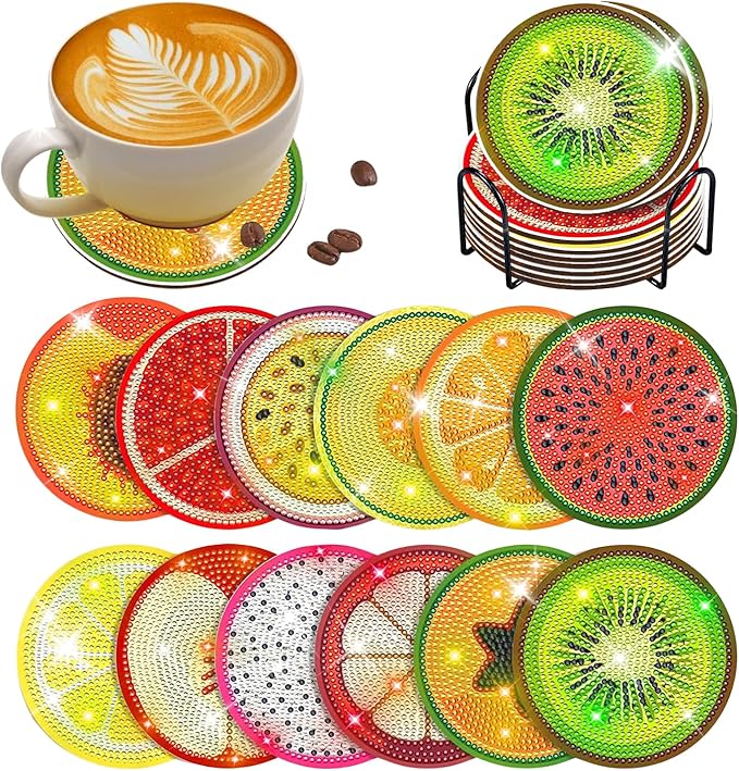 12 pcs Diamond Painting Coasters | Diamond Art Coasters | Fruit Diamond Art Painting | Perfect Art Craft Gift for Fruit Lover, Dad, Mom, Grandparents, Brother, Sister.