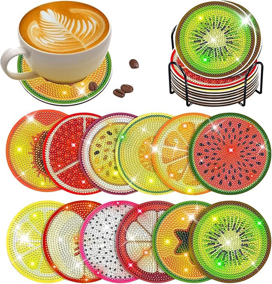 12 pcs Diamond Painting Coasters | Diamond Art Coasters | Fruit Diamond Art Painting | Perfect Art Craft Gift for Fruit Lover, Dad, Mom, Grandparents, Brother, Sister.