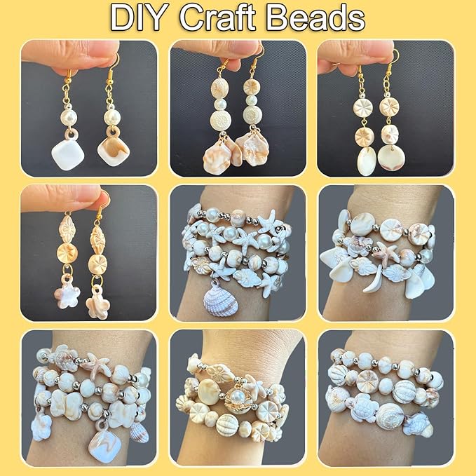 610Pcs Ocean Beads for Bracelets Making Kit, Shell Beads for Jewelry Making, Imitation Boho Shell Turtle Starfish Shape Sea Beach Bead Charms for Summer Sea Dangle Pendant Earring DIY Craft Necklace