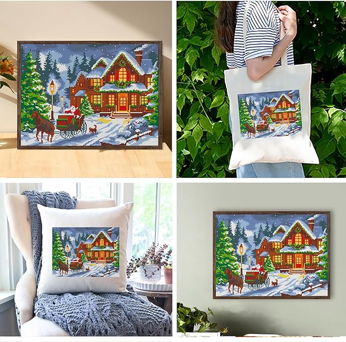 Zhenqing Christmas Snow Night Printed Cross Stitch Kit - 11CT 38x48cm with Threads, Needle & Pattern, No Hoop Needed for Beginners (65830)