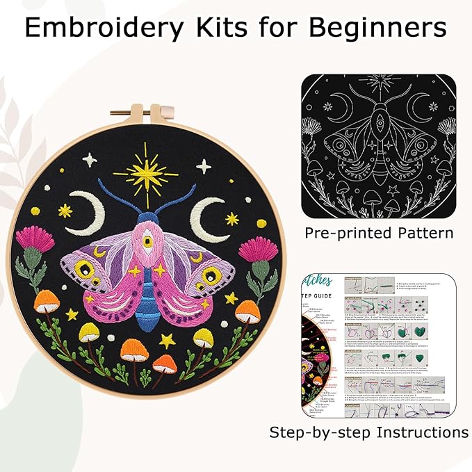 Nuberlic Moth Embroidery Kit for Beginners -Easy Cross Stitch Kits- Complete Embroidery Starter Set with Hoop, Pre-Printed Fabric, Threads & Needles