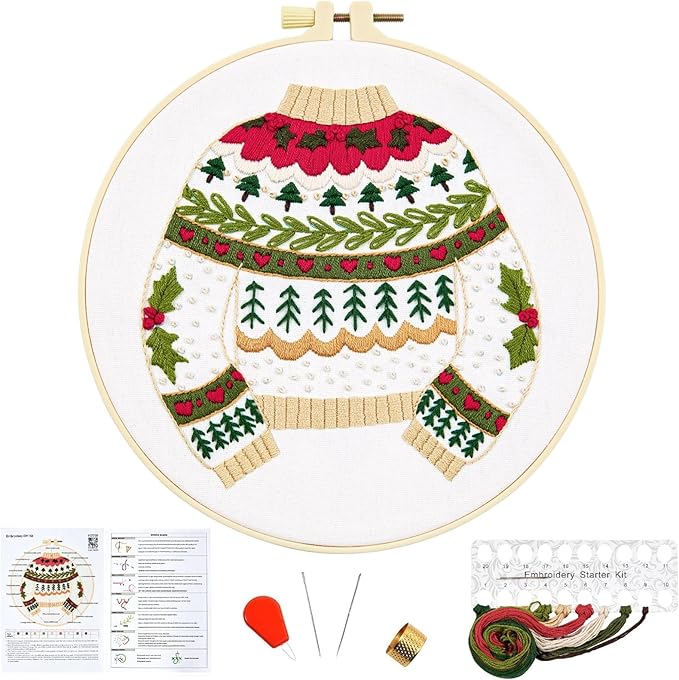 Crafmanoe Christmas Embroidery Kits for Beginners Embroidery Stitches Practice Kits for Adults, Christmas Cross Stitch Kits for Beginners Craft Kits, Embroidery Hoops, Fabric, Threads & Video Tutorial