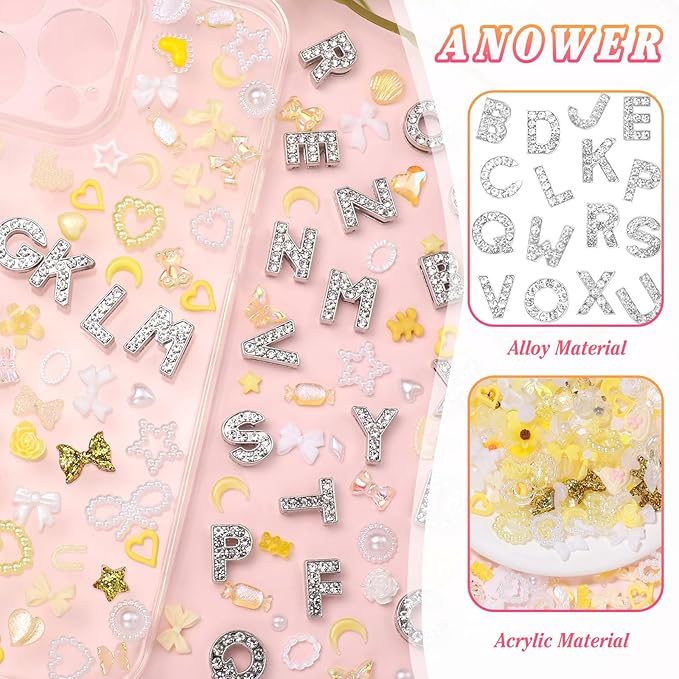 330 Pcs Junk Phone Case Charms 26 Pcs A-Z Rhinestone Alphabet Letter Charm, Mix Yellow Flower Bow Heart Pearls Flatback Resin Charms Letter Junk Cases Kit for DIY Crafts