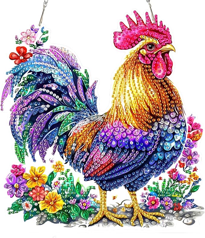 SENQAO Chicken Diamond Art Hanging Kit for Adult, Special Shaped Rhinestone, DIY Acrylic 5D Diamond Art Painting Window Pendants Home Garden Wall Hanging Kits Hanging Ornament