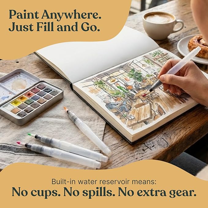Original Tobios Watercolor Brush Pens Set – 4 Refillable Water Pens for Artists, Adults & Beginners, Leakproof Brush Tips for Blending, Calligraphy & Adult Coloring, Portable Paint Brush Set, Art Gift