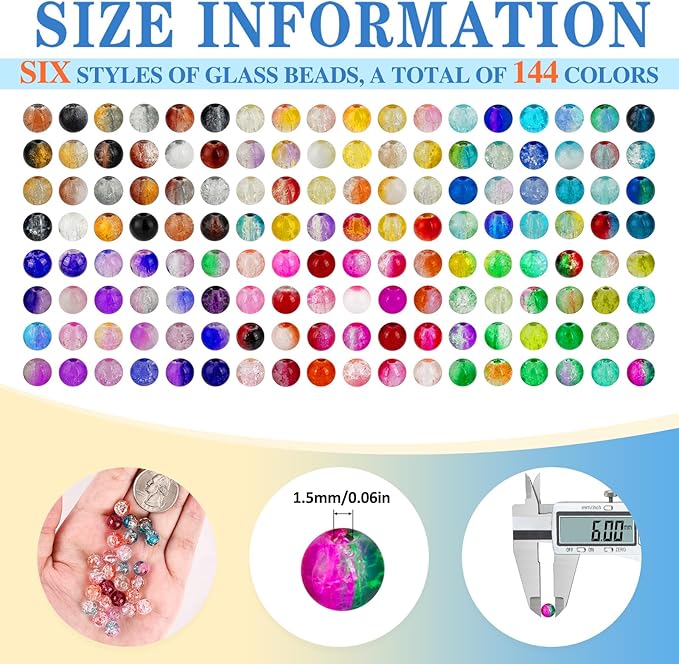 XSEINO About 144 Colors 1200PCS 6mm Glass Beads Bracelet Making Set, 6 Styles of Mixed Crack Beads for Bracelets, Jewelry, and DIY Making