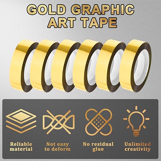 6 Rolls Gold Tape, 1/2 Inch Decorative Tape Self Adhesive Gold Mirror Tape Metallic Tape DIY Gold Graphic Art Tape Film Tape Gold Strips for Wall Decor TV Frame Crafts Decoration and Gift Box Wrapping